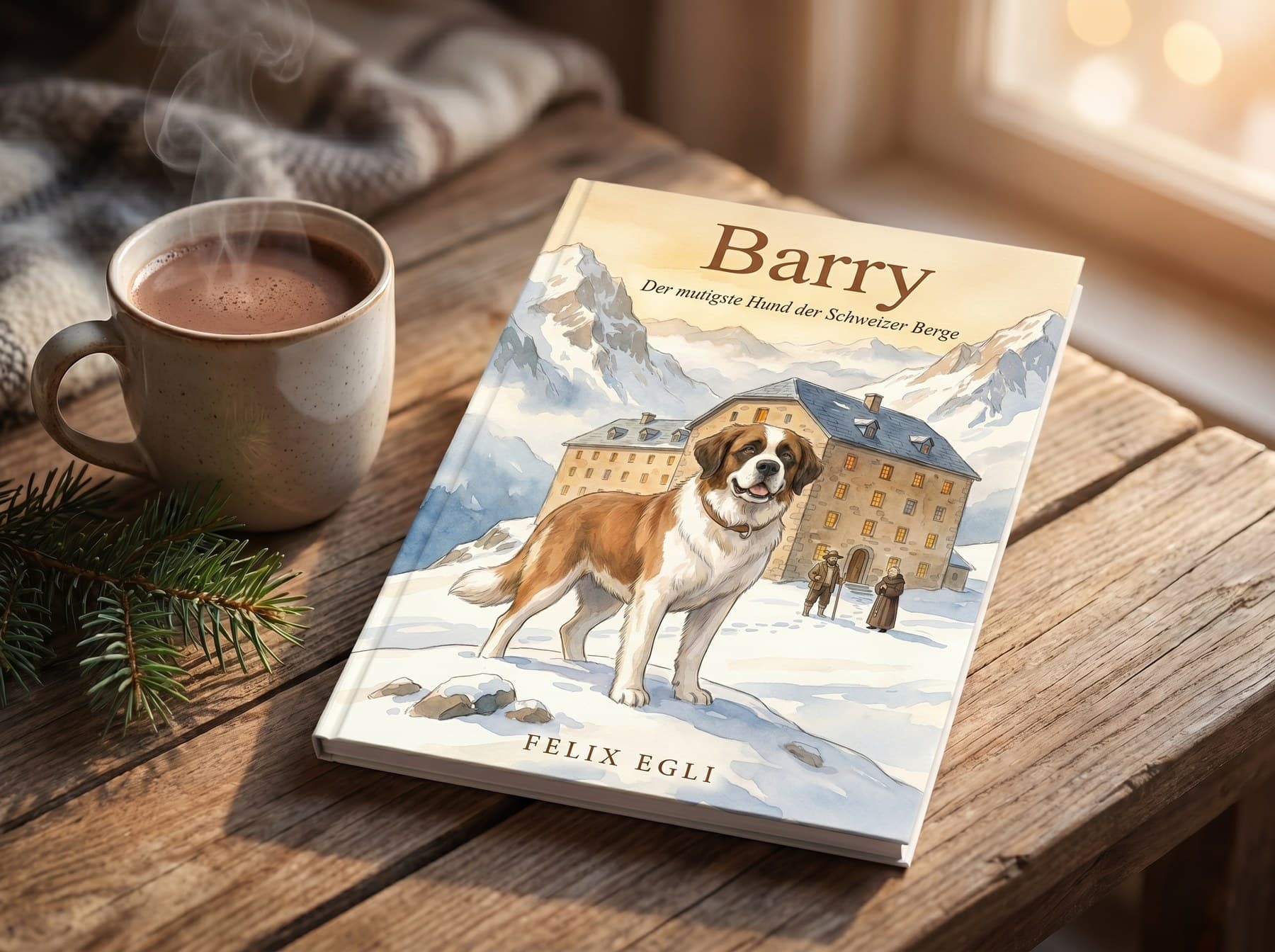 Das gedruckte Barry-Buch mit einer dampfenden Tasse Kakao