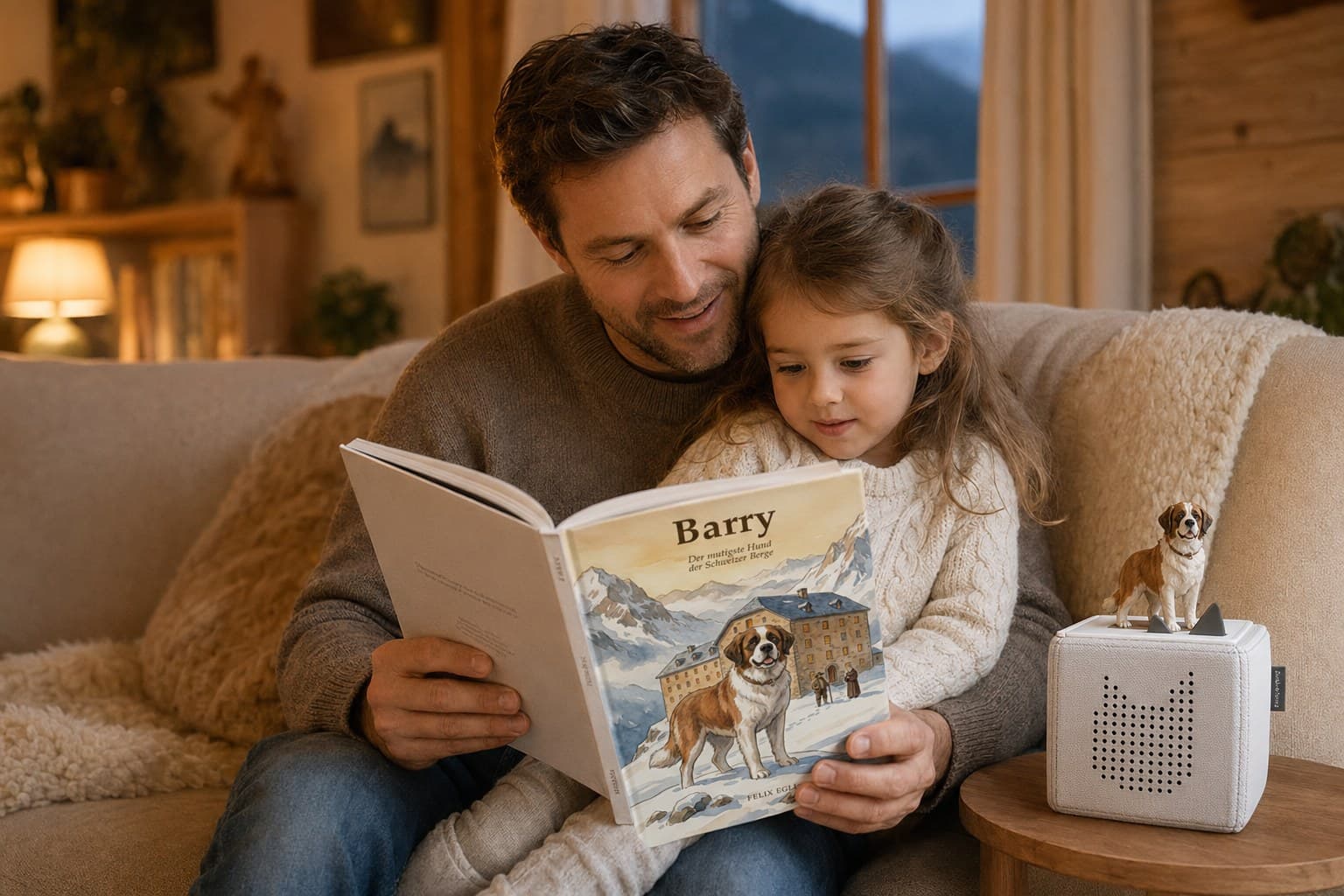 Vater liest seiner Tochter aus dem Barry-Buch vor